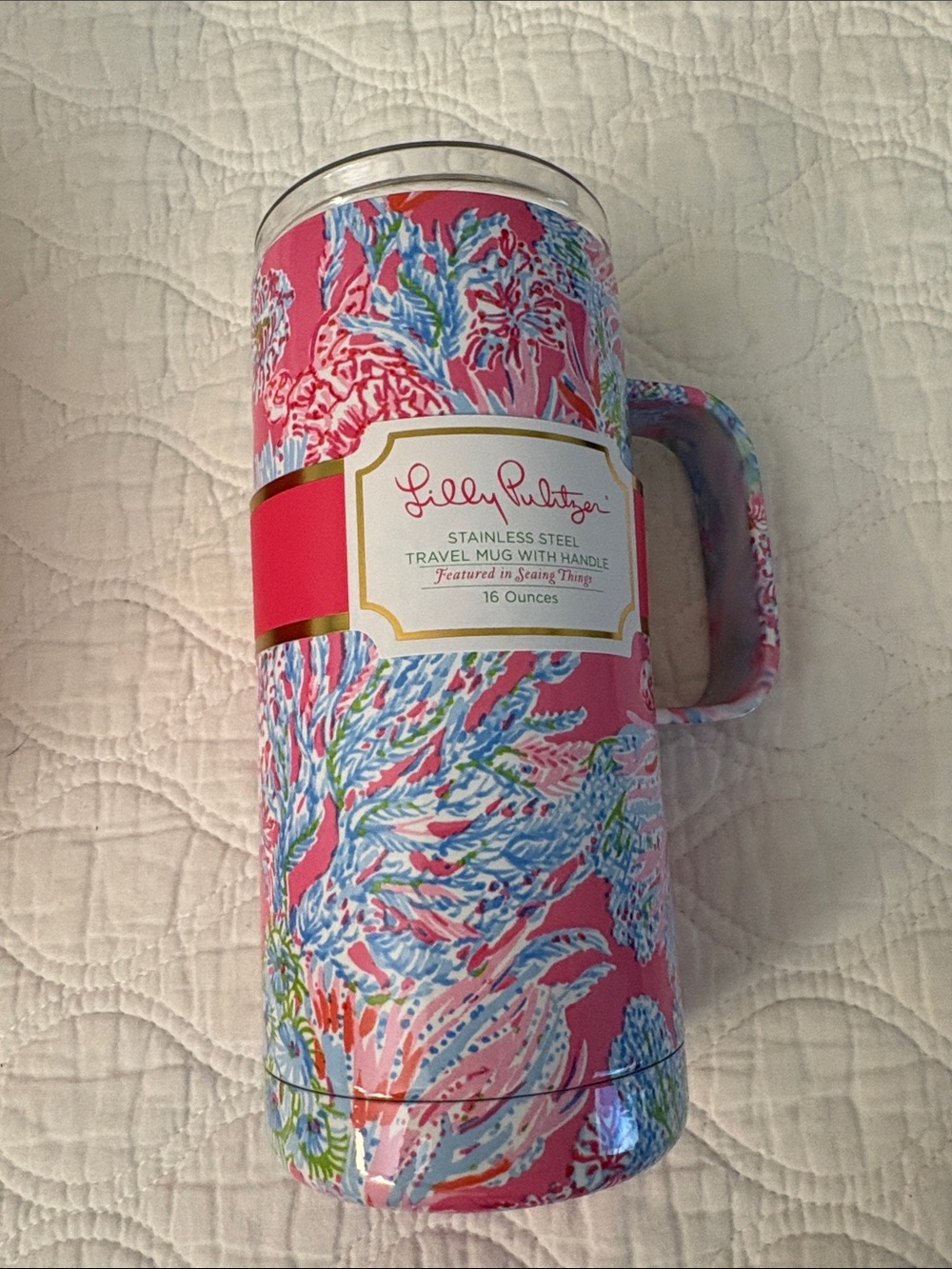 Lilly Pulitzer Pink Floral Travel Mug with Handle  16 ounces